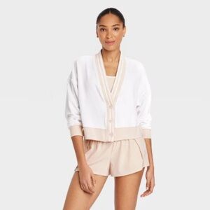 Joy Lab Towel Terry Cardigan Sweater Women’s Large White Midweight Long V Neck